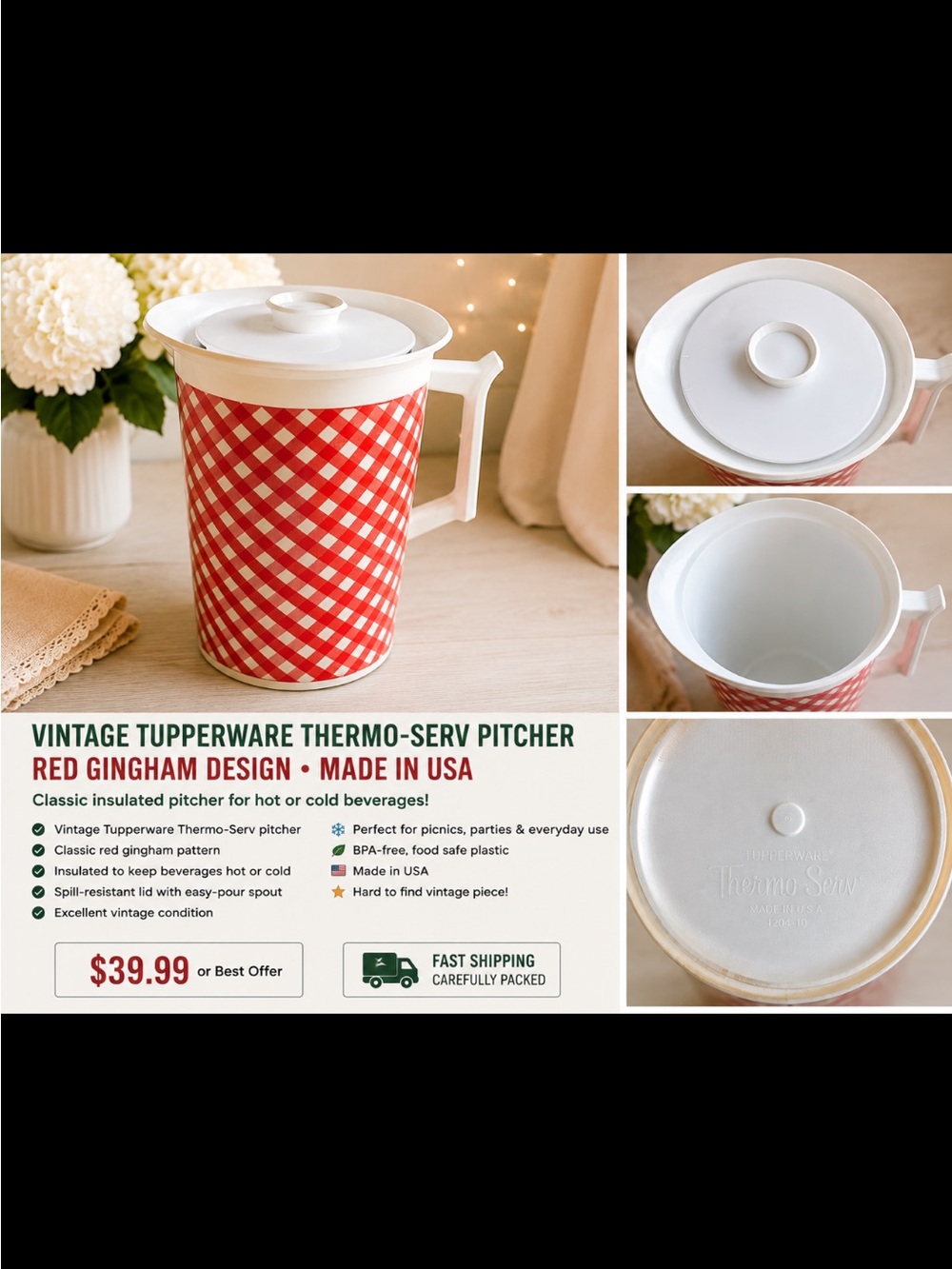 Tupperware Red Gingham Insulated Pitcher with White Lid